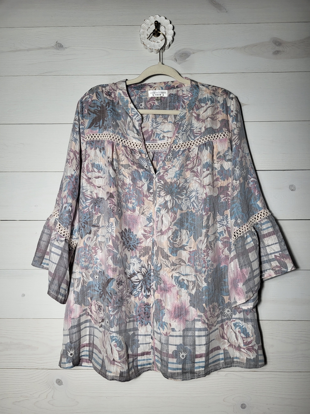 JohnPaulRichard Top Plaid Floral Crochet Trim Bell Sleeve Tunic BOHO Shabbychic.